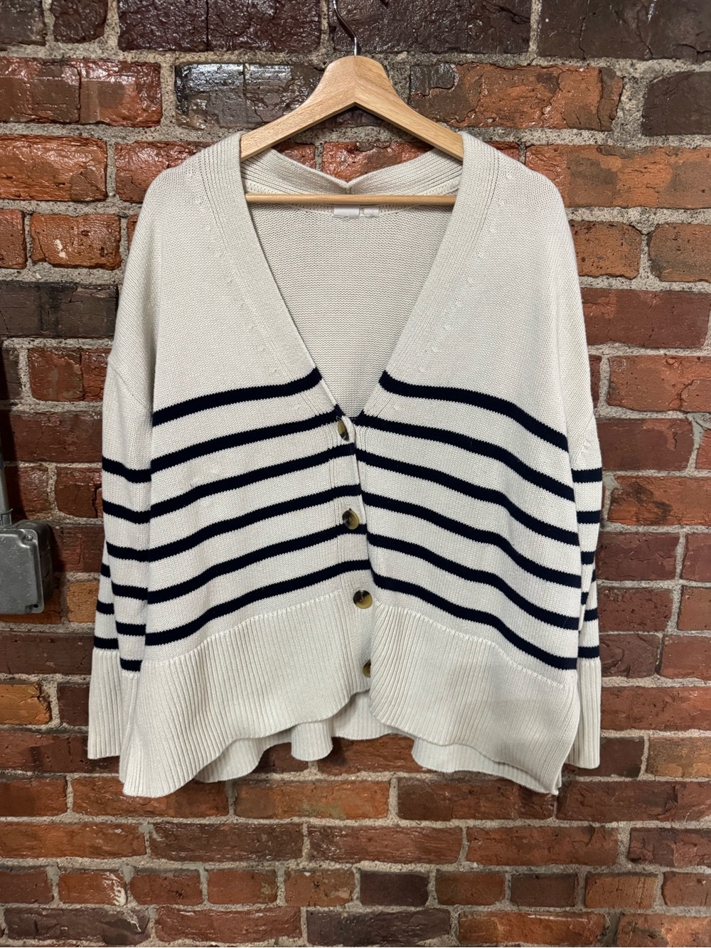 GAP Oversized Cream and Navy Striped V-Neck Button Cardigan Size XL